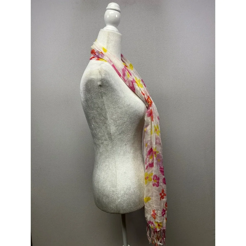 Cottagecore Airy Women OS White‎ Pink Floral Gauze Fringe Scarf Wrap